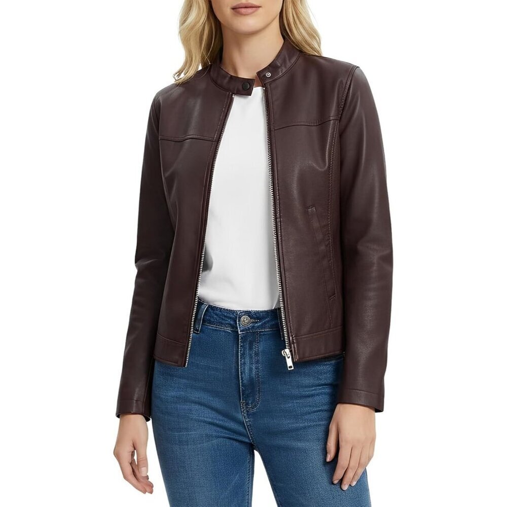Women's Faux Leather Motorcycle Jacket Zip-Up Biker Coat with Pockets Trendy